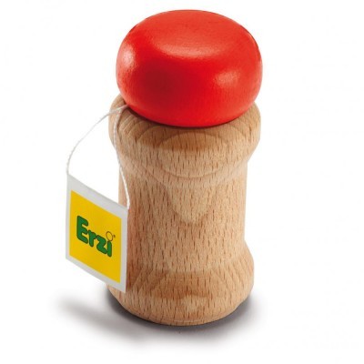 Brinquedo de madeira natural com tampa vermelha e etiqueta Erzi