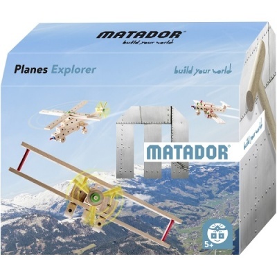 Caixa azul do kit Matador Planes Explorer com aviões de madeira montados e indicações de idade 5+