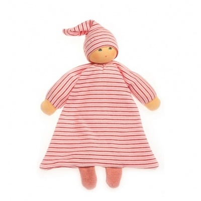 Boneco de tecido rosa com riscas e gorro comprido