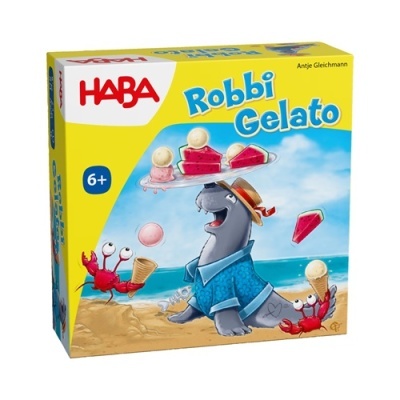 Caixa do jogo Robbi Gelato da HABA com foca e caranguejos e gelados na praia