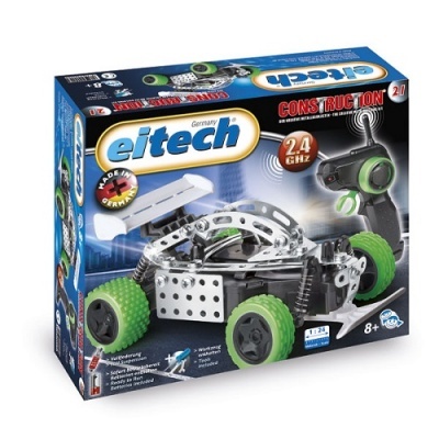 Caixa do kit de construção remoto Eitech com peças metálicas e rodas verdes