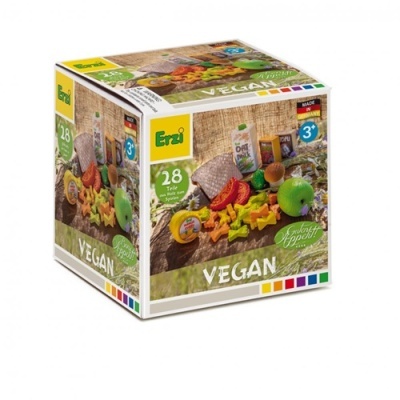 Embalagem de brinquedo vegan Erzi com 28 peças e imagem colorida de alimentos vegetais