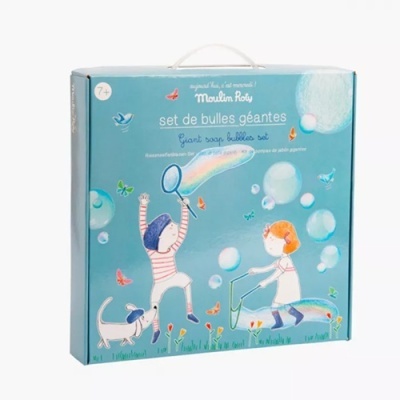 Caixa azul com set de bolhas gigantes e ilustrações de crianças a brincar com bolhas