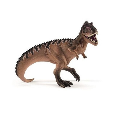 Figura de dinossauro castanho e preto com dentes expostos em fundo branco