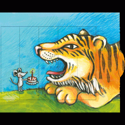 Desenho de tigre amarelo e rato com bolo com vela