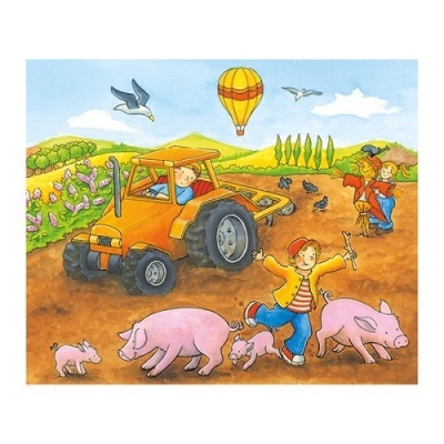 Ilustração agrícola com trator, porcos, crianças, balão e pássaros
