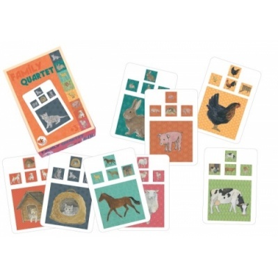 Conjunto de cartas FAMILY QUARTET com imagens de animais e caixa colorida