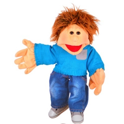 Fantoche de mão com roupa casual azul e cabelo castanho