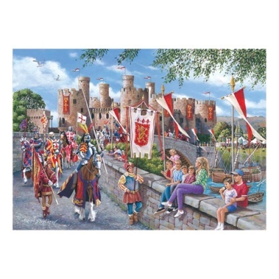 Cena medieval com cavaleiros, bandeiras e castelo junto a um rio com barcos