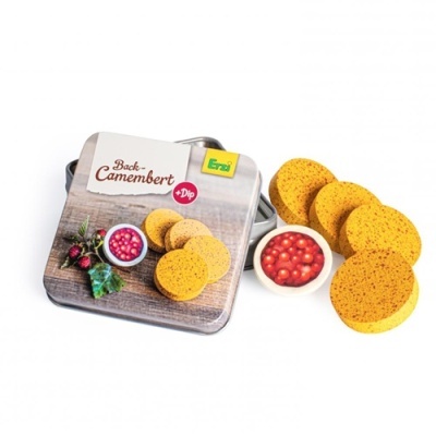 Conjunto jogo com biscoitos amarelos e pequeno recipiente em lata ERA