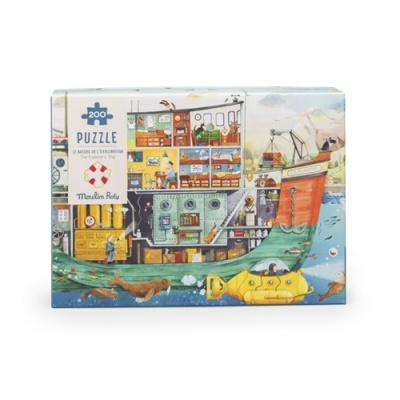 Caixa de puzzle com imagem colorida de um navio explorador e submarino