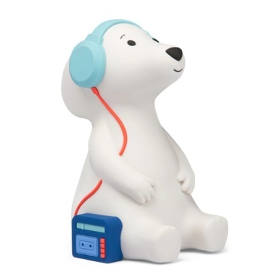 Figura de urso polar com auscultadores e rádio azul
