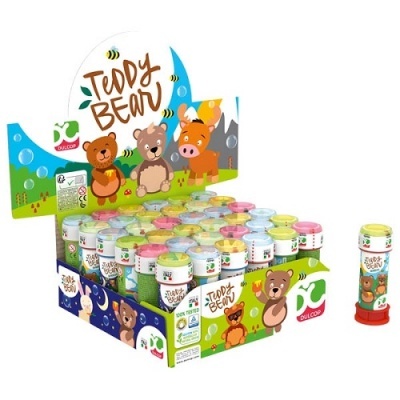 Tubo de bolhas de sabão Teddy Bear com tampa colorida e embalagem ilustrada
