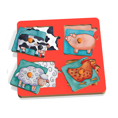 Puzzle de madeira com peças de animais da quinta com pegas laranjas num fundo vermelho