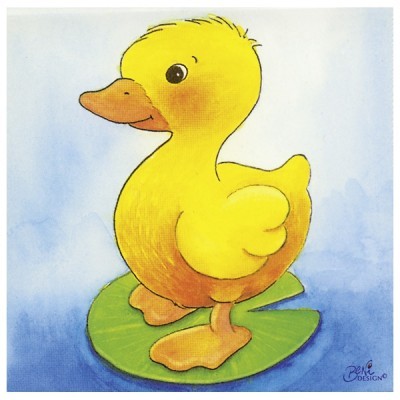Ilustração pato amarelo em folha verde com fundo azul