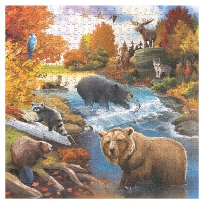 Puzzle ilustrando animais selvagens num cenário de floresta com rio e árvores de outono