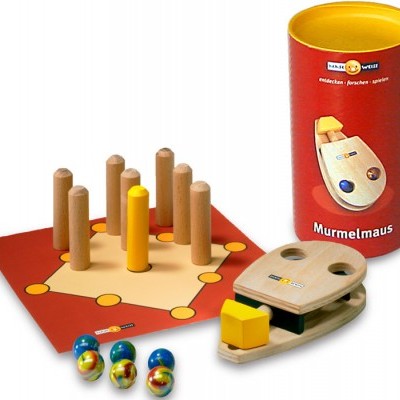 Jogo de tabuleiro Murmelmaus com pinos de madeira, bolas coloridas e embalagem vermelha cilíndrica