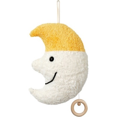 Móbile de tecido em forma de lua sorridente branca e amarela com cordão e argola de madeira