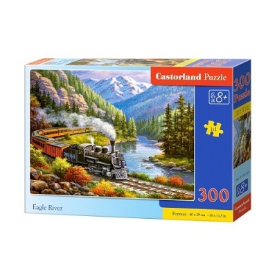Caixa de quebra-cabeças Castorland com imagem de comboio a vapor e rio em paisagem montanhosa