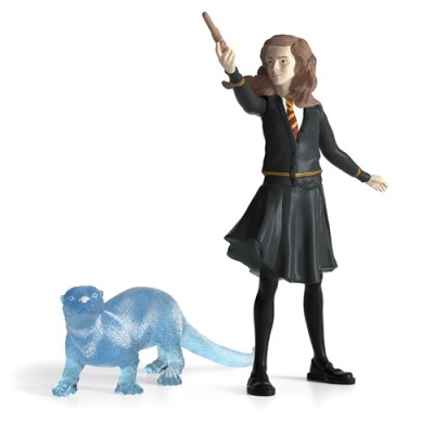 Figuras de ação de jovem com varinha e lontra translúcida azul