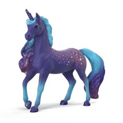 Boneco de unicórnio azul e roxo com estrelas brancas e crina ondulada