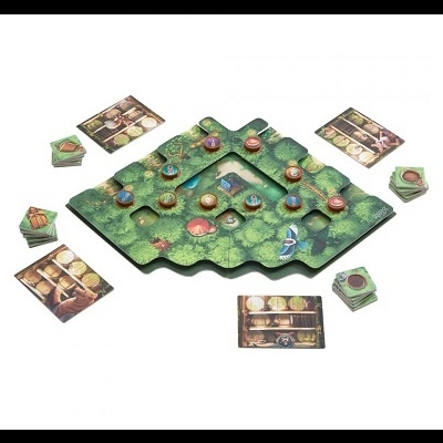 Jogo de tabuleiro temático de floresta com peças coloridas e cartas