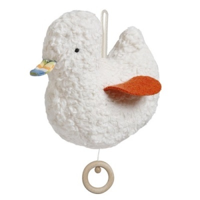 Brinquedo musical pendurado em forma de pato branco com asas laranja e anel de madeira