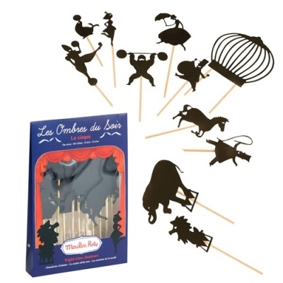 Conjunto de sombras chinesas com figuras negras e caixa azul