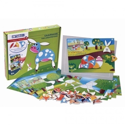 Jogo de montagem com peças em madeira colorida e cartas, embalagem verde com texto LOTOSO