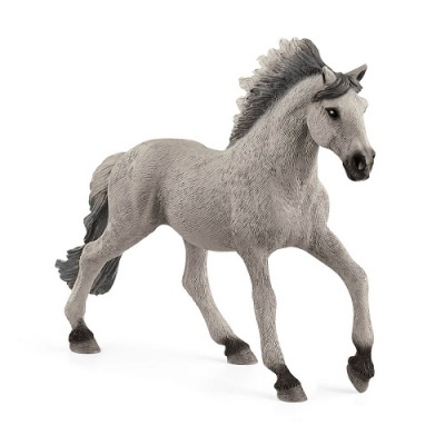 Figura cinzenta de cavalo com crina e cauda escura em fundo branco