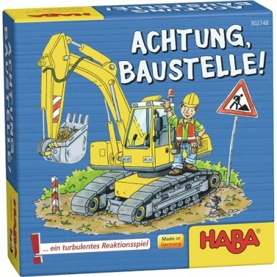 Caixa de jogo de tabuleiro com escavadora amarela e operário da construção civil