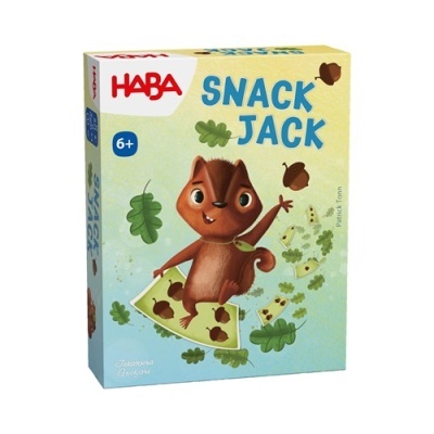 Embalagem do jogo infantil SNACK JACK da HABA com ilustração de um esquilo e folhas verdes.