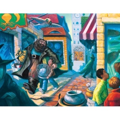 Ilustração de cena de rua colorida com personagens fantásticos e crianças
