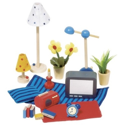 Miniaturas de decoração de madeira coloridas com lâmpadas, vasos, livros, rádio e relógio