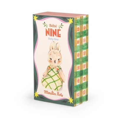 Embalagem de brinquedo com coelho ilustrado e texto Bébé NINE