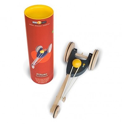 Brinquedo de madeira para empurrar com embalagem cilíndrica vermelha e amarela