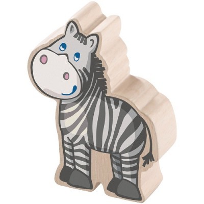 Peça de madeira em forma de zebra com riscas cinza e preto