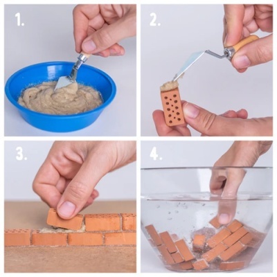 Processo de aplicação de argamassa em mini tijolos de cerâmica e montagem, com utensílio de espátula de cabo de madeira