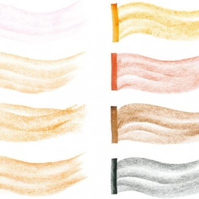 Amostras de maquilhagem em varios tons pastel com linhas coloridas na esquerda