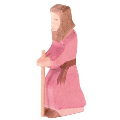 Figura de madeira pintada de homem ajoelhado com túnica rosa e capuz castanho