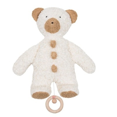 Pelúcia de urso branco e castanho com argola de madeira