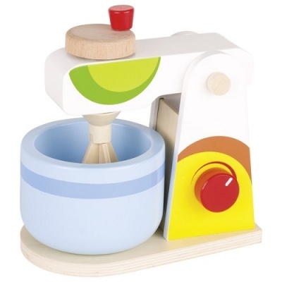 Batedeira de brinquedo em madeira colorida com tigela azul