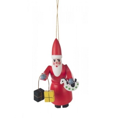 Enfeite de Natal em madeira com Pai Natal vermelho e presentes.