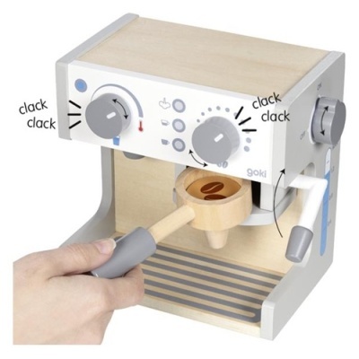 Máquina de café de brincar em madeira clara com botões cinzentos e pega de madeira