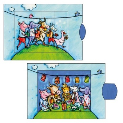 Dois cartões ilustrados com animais antropomórficos em atividades ao ar livre