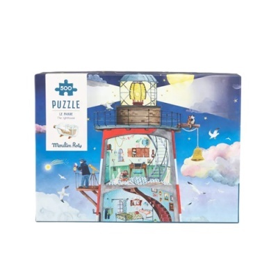 Caixa de puzzle de 500 peças com imagem de um farol ilustrado e texto na embalagem