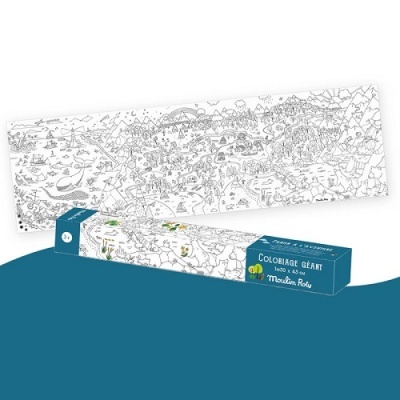 Colorido gigante Moulin Roty em rolo com ilustração detalhada para colorir, embalagem azul e branca