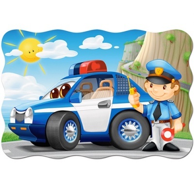 Ilustração de carro polícia e polícia sorridente ao lado numa estrada