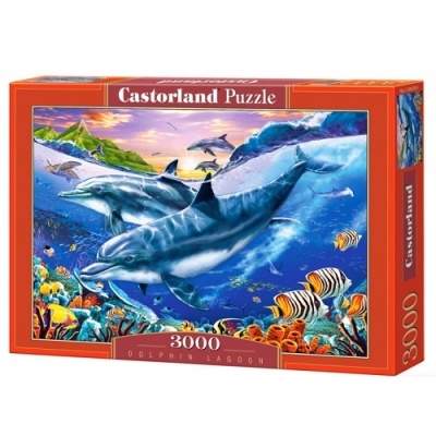 Caixa de puzzle Castorland 3000 peças com imagem de golfinhos numa lagoa colorida.