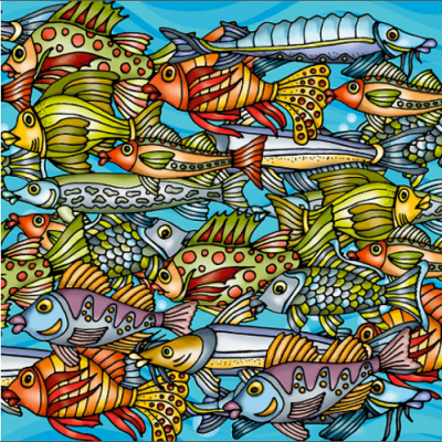 Padrão colorido com desenhos de peixes variados em fundo azul